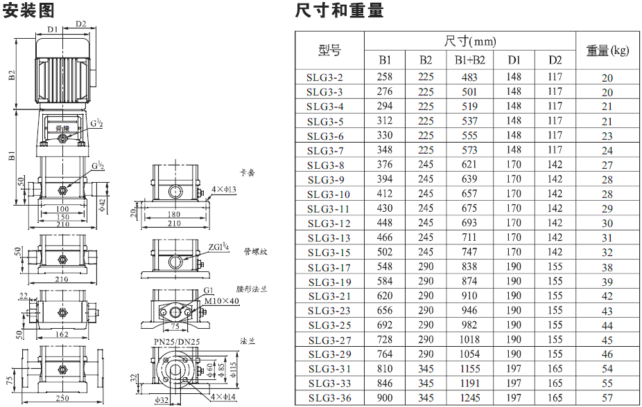 SLG不锈钢多级离心泵安装尺寸3